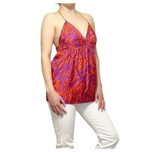 MILLY 100% Silk Red/Purple Print Chain Strap Halter Top Sz 2 $295